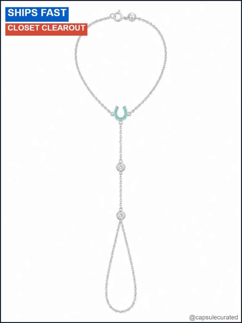 925 Sterling Silver Hand Chain Finger Bracelet with Turquoise Enamel Horseshoe